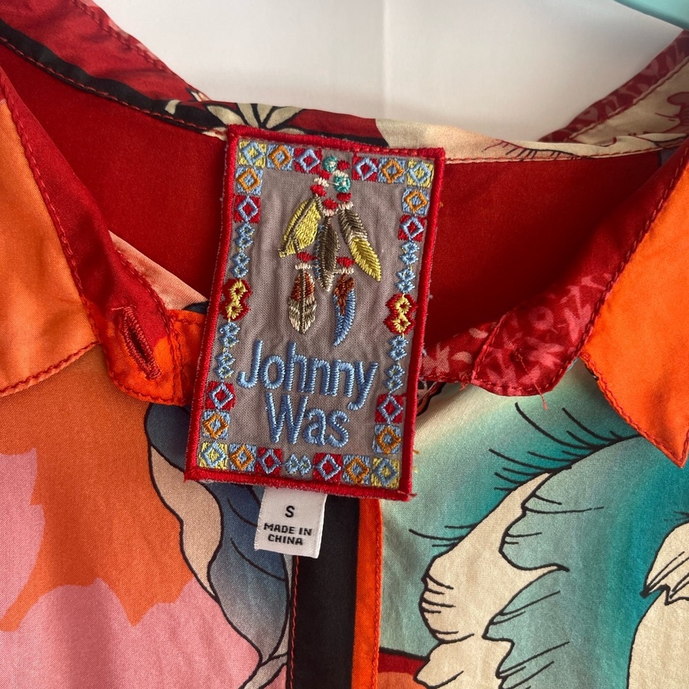 Johnny Was Floral Silk Button-Up Blouse in Red, Orange, Green, Pink - Picture 3 of 10
